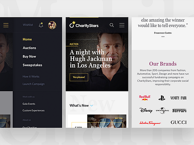 charitystars.com auction celebrities charity design mobile product responsive sidemenu sweepstake ui ux website