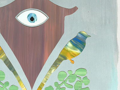 Zen abstract collage cosmic eyes figure flowers meditation bird mixed media serpent space