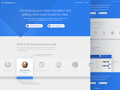 TDP Inner landing WIP blue card kalman landing light magyari mockup page tradespeople