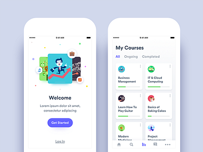 Online Courses App - Onboarding & My Courses views android app ecommerce education ios log in minimal navigation onboarding social walkthrough