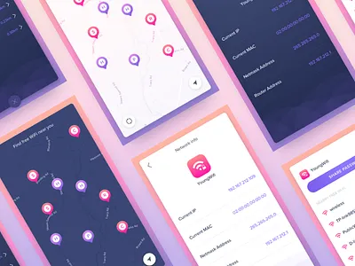 WiFi scanner app app gradient ios list map pink popup purple scanner settings ui wifi