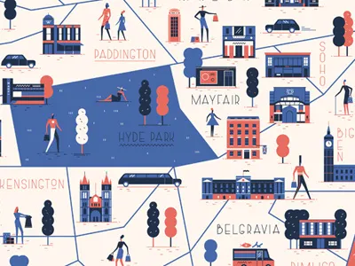 London Retail abstract character design editorial flat graphic illustration map retro shopping vector vintage
