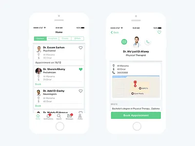Doctors Search Mobile App app appointment book clean clinic design doctor hospital map mobile search