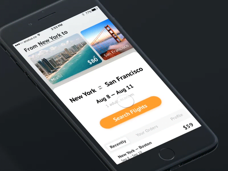 Flight booking app concept app booking bottom oriented flight ios