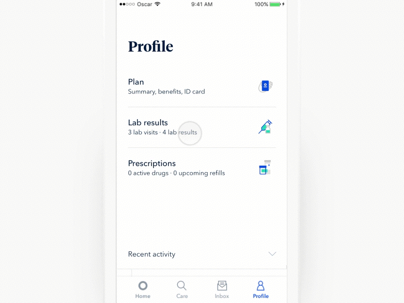 Profile WIP health medical mobile prescriptions profile timeline ui ux