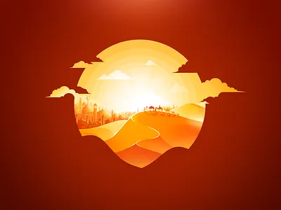 Sahara Desert barkhan camel caravan city desert dune heat hot illustration landscape nature proart prokopenko radiance sahara sand trend