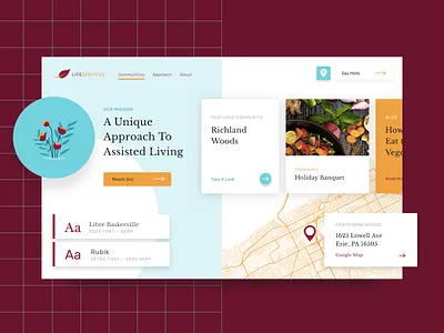 LifeServices Style Moodboard buttons cards design system guidelines map retirement style style guide