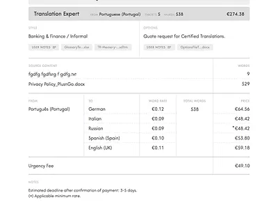 Screenshot data linguistic pricing review summary table translation