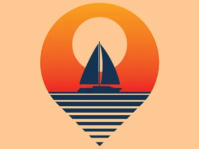 Sailing drop pin illustration ocean sail boat sailing sun sunset water
