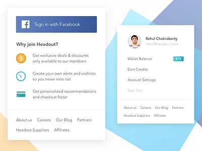 Header Account Dropdowns account cards dropdown facebook header headout menu bar profile register signin travel wallet