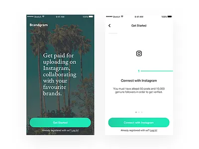 Brandgram — Home & Onboarding app brandgram clean cyan home instagram ios minimal onboarding
