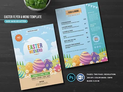 Easter Party Flyer & Menu Template easter celebration easter egg hunt easter menu easter party easter party flyer easter party menu egg hunt egg hunt flyer ester egg event food menu holiday invitation invitation flyer ms word party flyer party invitation photoshop template promotion restaurant menu