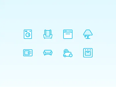 Household Icons appliances chair couch dish washer household icon set icons lamp microwave oven vacuum washer