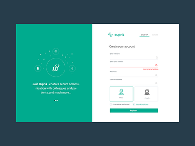 Cupris Register & Login Web app chat doctor interface ios medical menu register signup tutorial ui ux