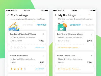 My Bookings/Reservations activity booking cards experiences headout illustration itinerary mobile rating reservation ticket travel