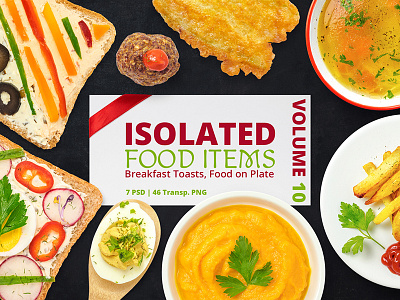 Isolated Food Items Vol.10 breakfast brocooli food french fries humus isolated menu mushroom png psd set toast