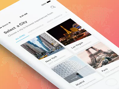 Mobile Cities List cards cities clay continent experience gradient headout iphone perspective selection travel world