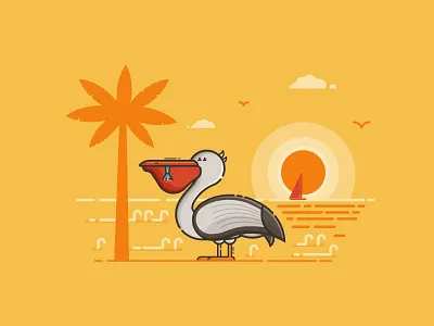Happy Summer Pelican beach bird flat design pelican scene sea seaside summer sunset