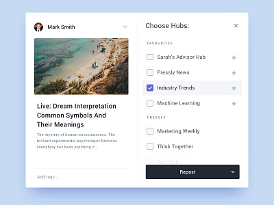 Repost modal content list modal repost ui ux
