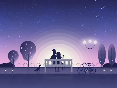Night Illustration Romantic bike couple dog illustration night romantic