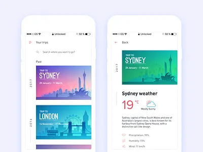 Trip App - Your Trips History details hangout history list london mobile party slider sydney travel trip ui