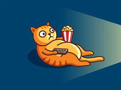 Movie Time! animal pet brand branding cute fun funny fat cat kitten film video illustrative illustration lazy weekend logo identity snack popcorn theater cinema tv television watch movie