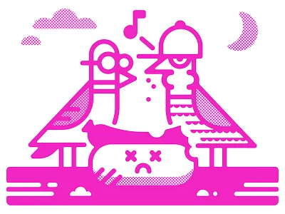 Ok Social: Hot Dog Social 2 Poster halftone hot dog illustration moon nom nom pigeon pink thick lines