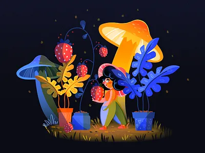 Midnight Garden character flat garden grain illustration mushroom plants strawberries