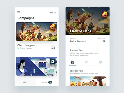 Adcamp – Campaigns Mobile View adcamp affiliate clean earn game grey mobile ui ux white