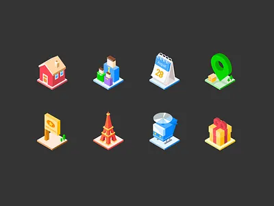 Isometric Icon app calendar coordinate eiffel gift house icon illustration isometric plane tower ui