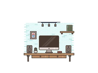 Desk Setup Illustration design designer drawing flat design graphic graphic design icons illustration imac minimal scenery vector