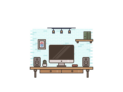 Desk Setup Illustration design designer drawing flat design graphic graphic design icons illustration imac minimal scenery vector