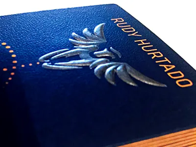 RUDY HURTADO New cards blue business cards chair dieline eagle embossing engraving orange self branding sign