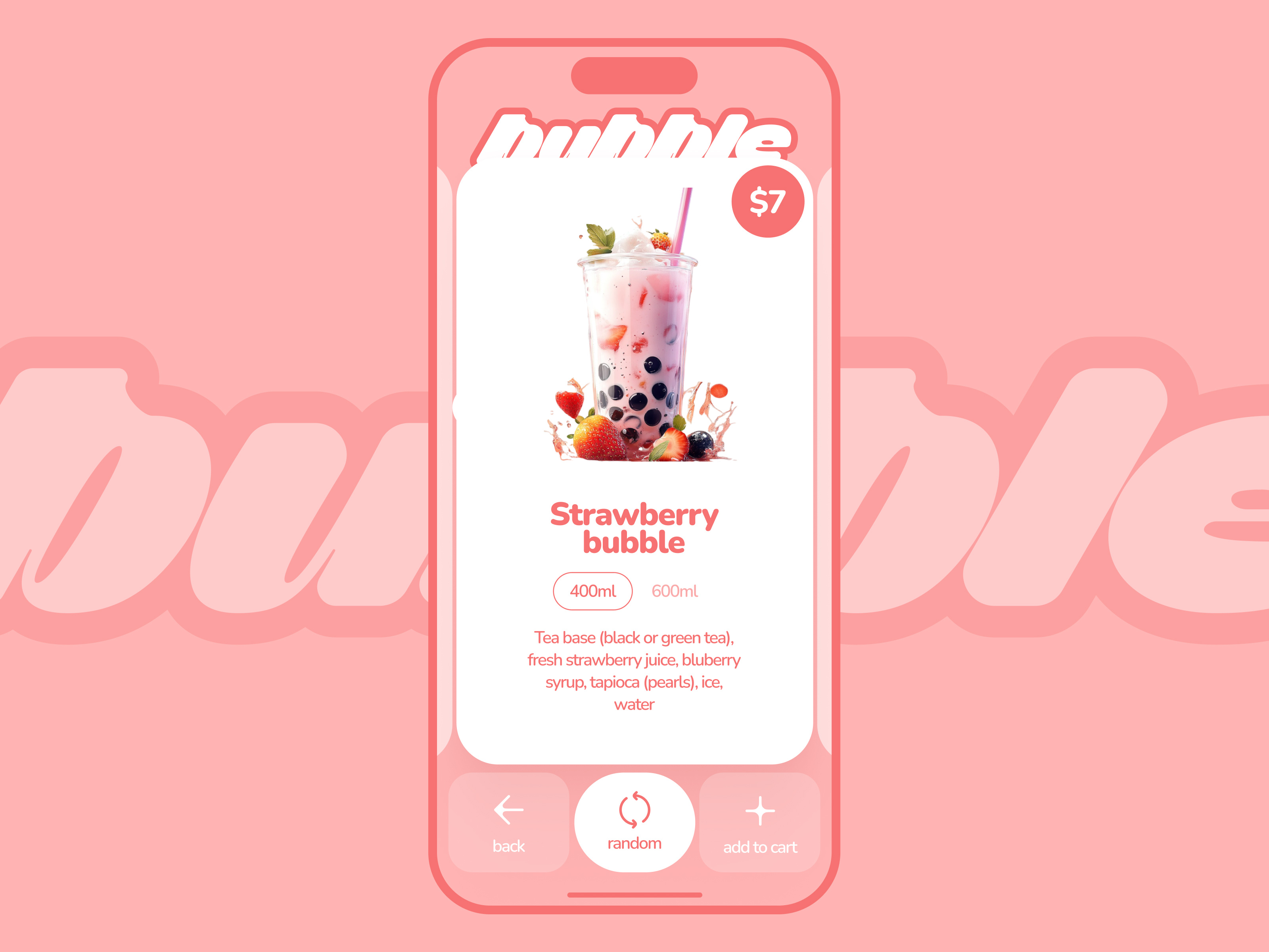 Bubble Tea Mobile App UI – Drink Cards & Randomizer Feature app card colorful design drink food interactive interface menu mobile app ordering pink randomizer swipe ui ux web