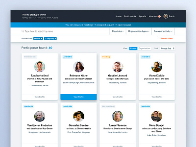 Participant List for Event Networking Platform cards dashboard filters hover list participant people profile