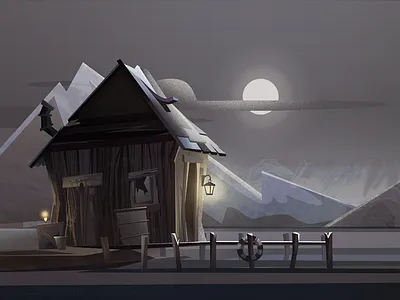 Nightime bridge house light moon mountains night sea