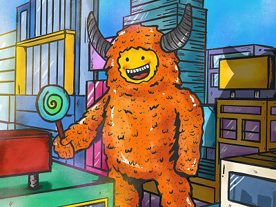 The Candy Monster candy character city digital painting emoji grid illustration monster prespective smile