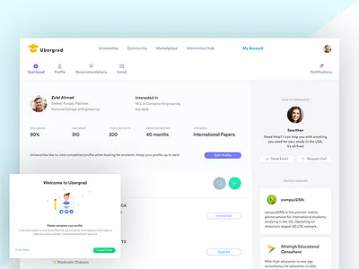 Ubergrad Student Phase Post-Login college dashboard educations profile students ui universities ux