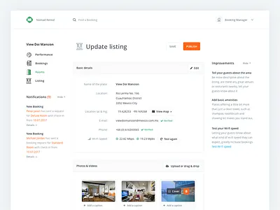 Nomad Rental / Admin - Listing View admin backend clean dashboard form hotel listing navigation sidebar ux white