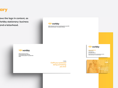Worbby Brand Marketing Collateral blue and yellow design brand design identity logo pins presentation print sticker t shirt visual worbby