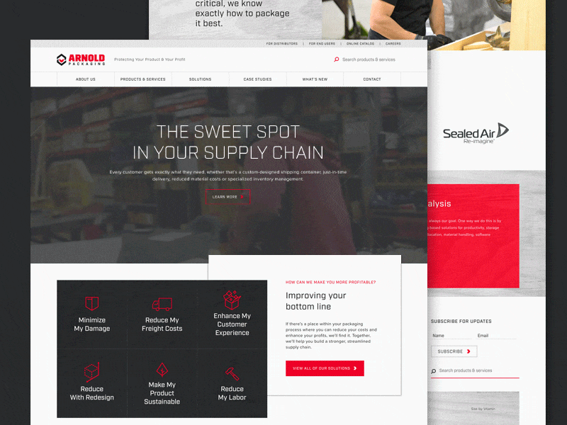 Arnold Packaging clean distribution grid homepage modern packaging ui ux video vitamin
