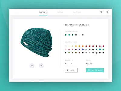 Beanie Creator beanie cart clean customize favorites shop ux web ui
