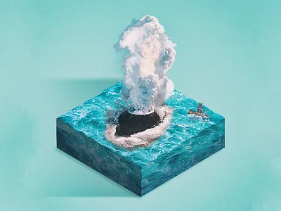 Volcano 2d 3d collage earth fire isometric pal piece of pie sea ship volcano war