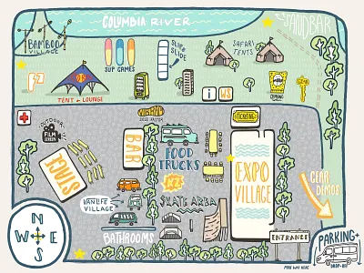 Outfound Fest Map camping compass drawing event explore illustration map river sketch tent van