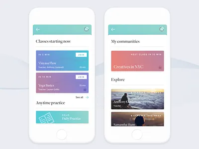 Wellness App Concept cards classes community explore gradient meditation new york wellness yoga
