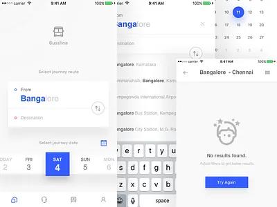 Bus ticket booking app app app design book calendar empty state filters ios minimal search ticket ticket booking ticket booking app