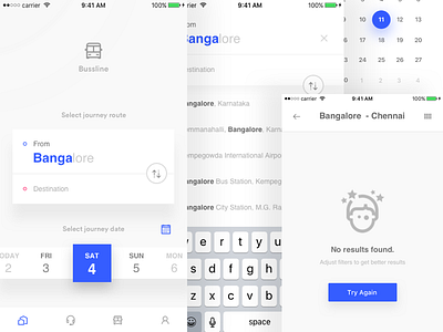 Bus ticket booking app app app design book calendar empty state filters ios minimal search ticket ticket booking ticket booking app