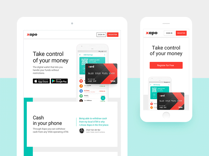 Xapo Products Landing bitcoin breakpoint debit card landing material design mobile first money online bank product responsive testimonials wallet