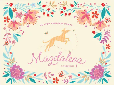 Pupper Princess Party birthday digital paint dogs drawing flowers greyhound hand drawn illustration invitation