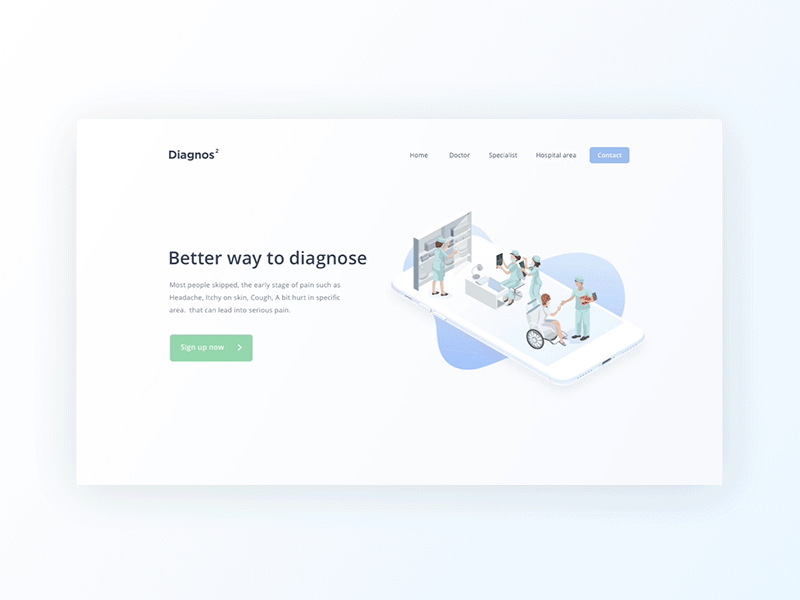 Diagnos Landing Page animation doctor flinto framer health hospital illustration landing page principle react js vue js website